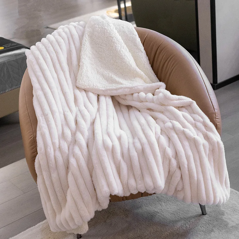 Luxury Home Winter Rabbit Warm Blanket White Stripe Sherpa Fleece Lining Sofa Blankets Fluffy Sheepskin Throw Blanket