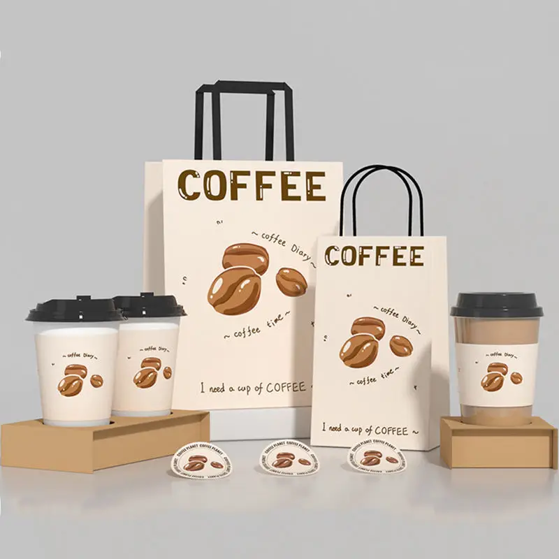 Custom Printed Recyclable Wholesale Kraft Paper Bag Coffee Cup Set Takeaway Food Packaging Paper Cups Paper Bags with Handle