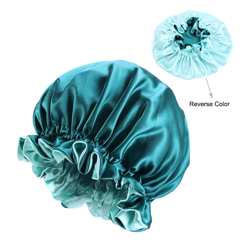 HaoKey Large Satin Bonnet Reversible Night Sleep Hat Double Sided Layer Shower Cap Solid Color Women Satin Hair Bonnet