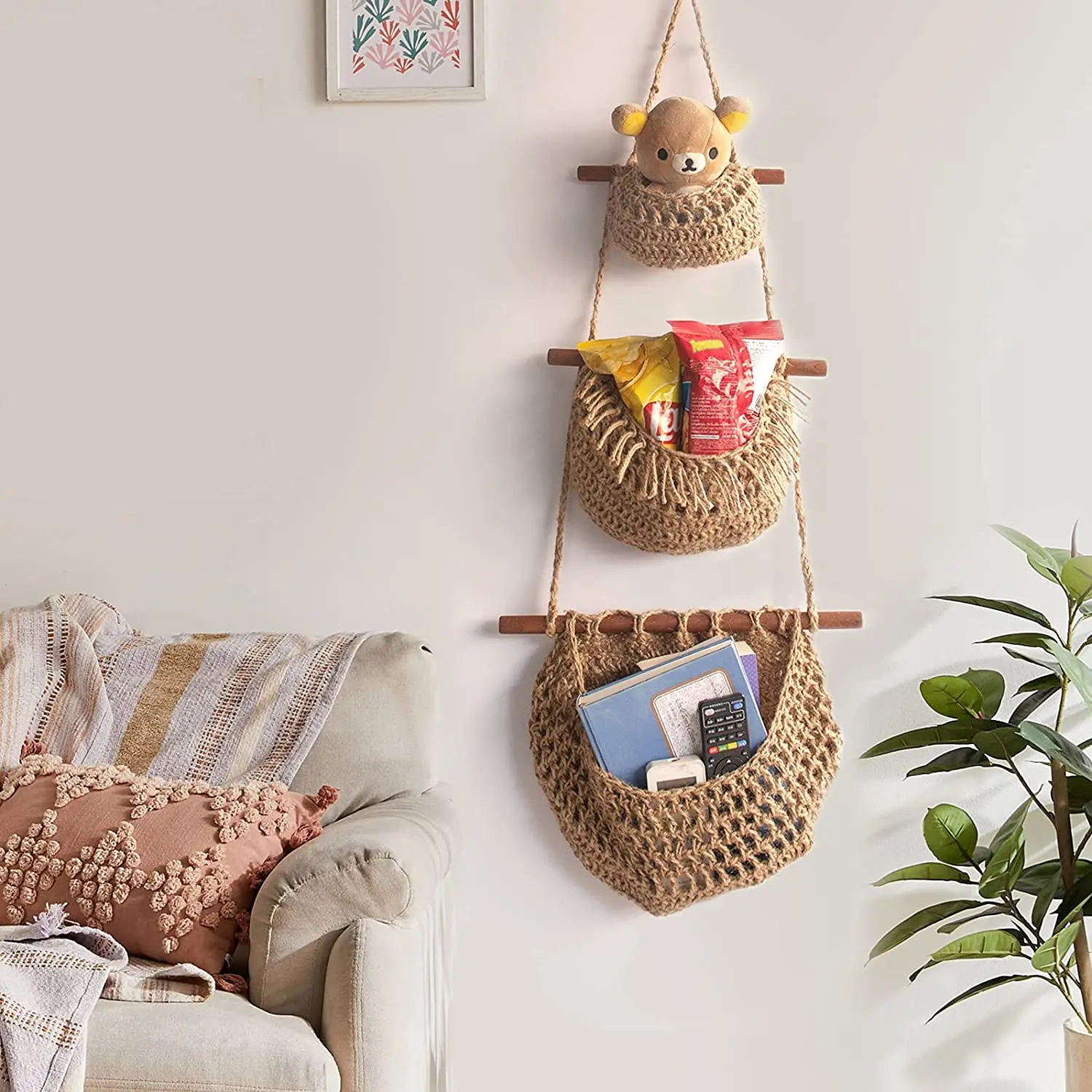 Hot sale boho woven basket home decor hanging wall fruit basket 3 tier wicker basket