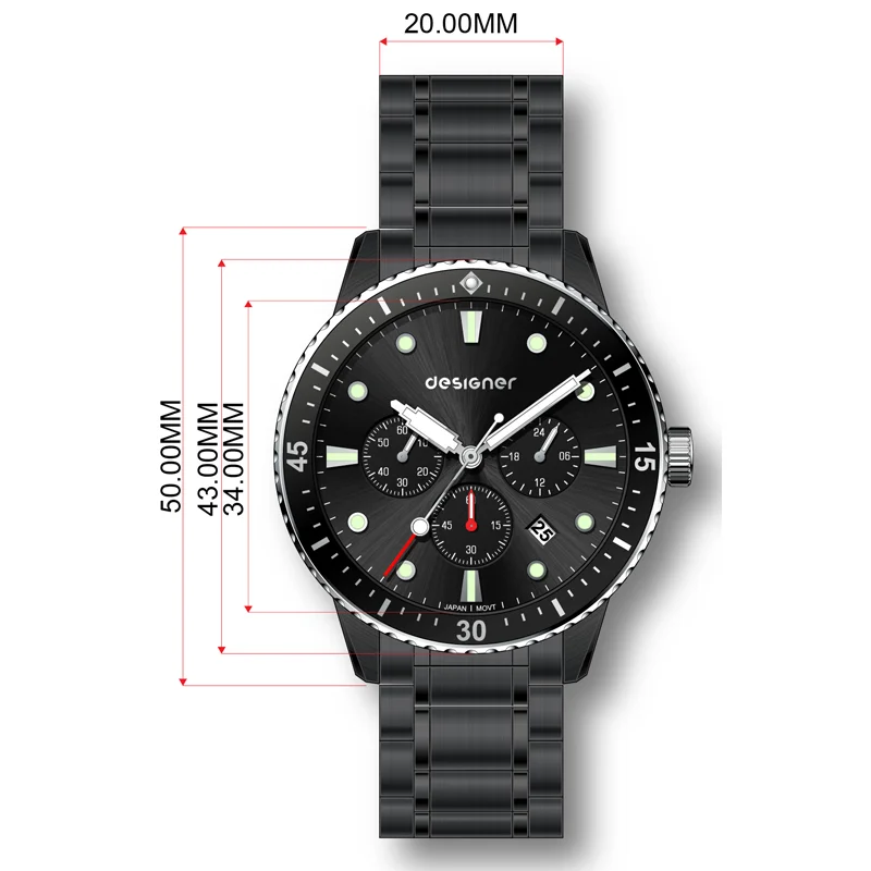 OEM  stainless steel bracelet  luminous watch hand automatic date chronograph watch