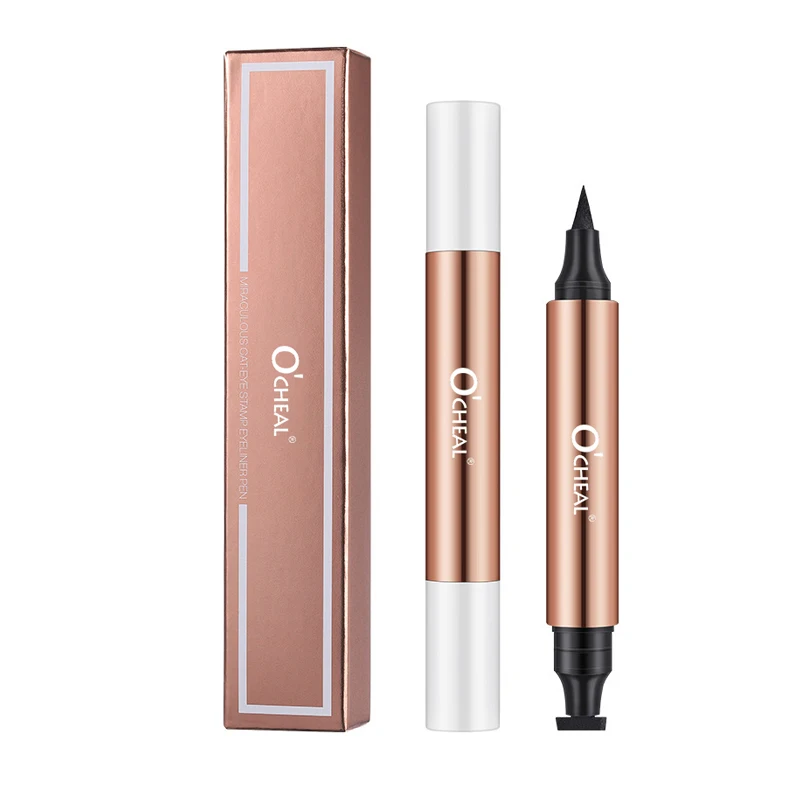 Custom Logo Makeup Cat Eye Double Head Eyeliner Pen Long Lasting Waterproof Quick Dry Matte Black Liquid Eyeliner Stamp Pencil