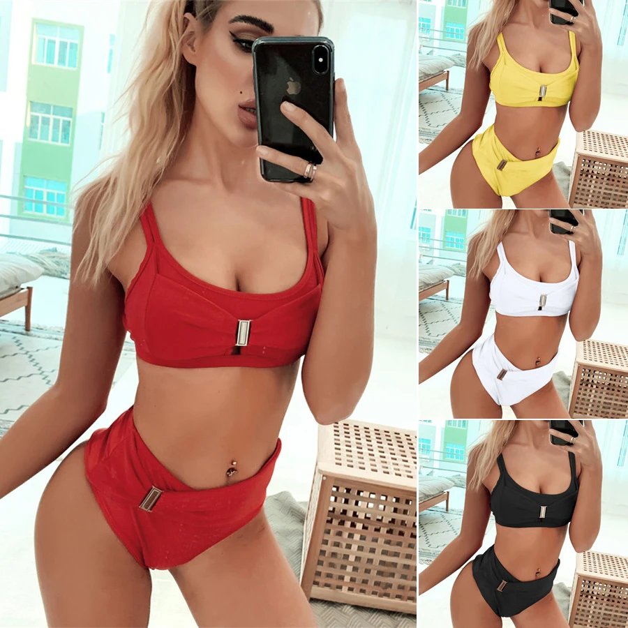 women solid color gathering with metal decor on top and wing straps ends with metal closure at central back swimwear plus size