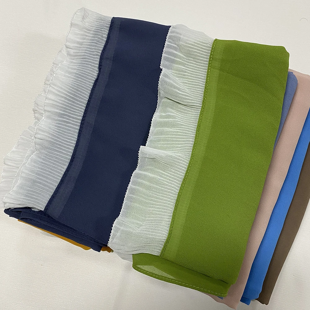 Stitched Pleated Eyelash Lace Hijab Bubble Chiffon Scarf Long Size White and Black Lace Elegant Islamic Shawls Headband Wrap