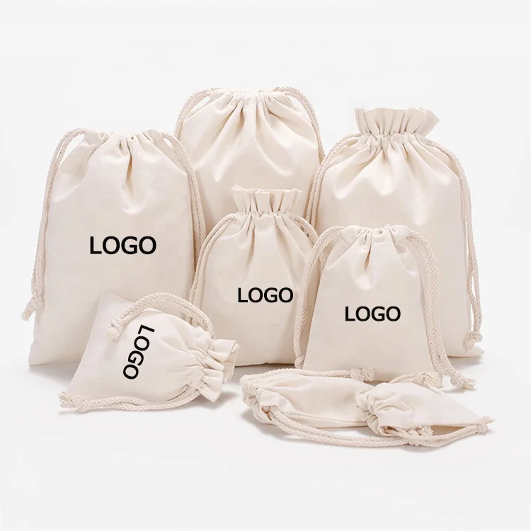 Экологически чистый бежевый тканевый мешок для рисования на заказ, из органического муслина, хлопчатобумажная ткань, мешок для пыли на шнурке с логотипом, напечатанным для пищевых продуктов