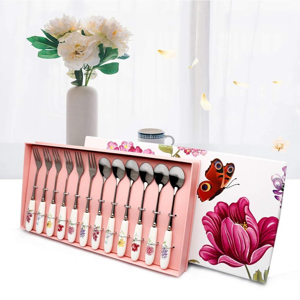 High Quality 12 PCS Spoon and Fork Sets Ceramic Handle Stainless Steel Cutlery Tea Forks Spoons