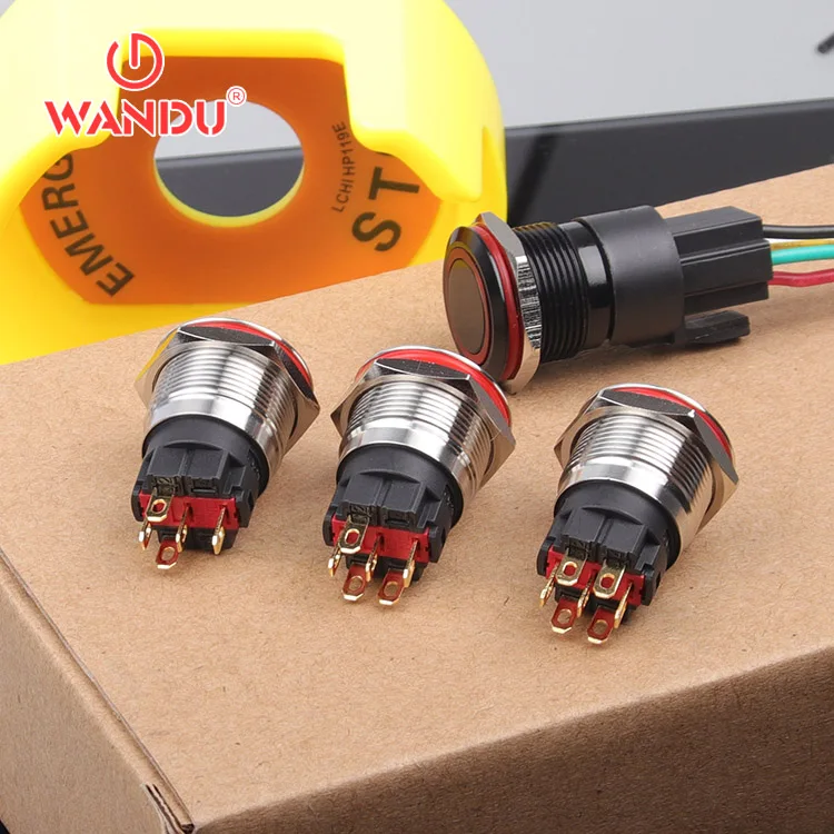 WANDU 19mm Stainless Steel anti front IP68 2NO 6v 12v 24v Ring red yellow blue led plastic push button switch with wire leads
