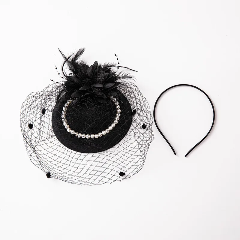 European bridal gauze feather headpiece hair clip Vintage veil pearl top hat