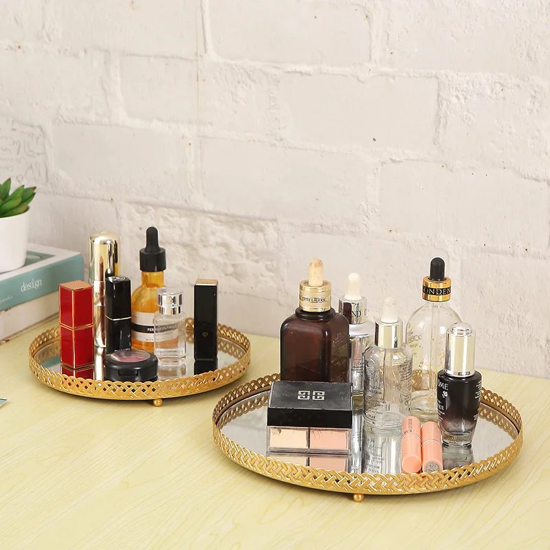 ins Metal iron dressing table Skin care cosmetics lipstick jewelry display storage tray mirror decoration tray