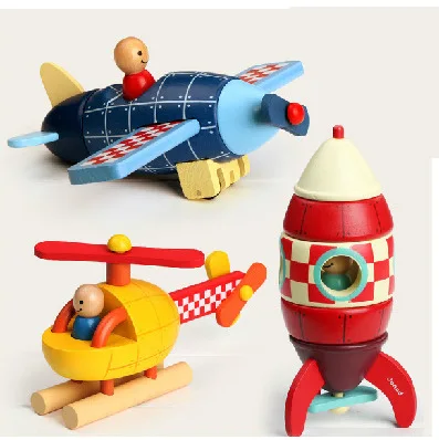 Hot Sale Wooden Magnetic Assemble Puzzle Toy Helicopter Rocket Match Practice Game
