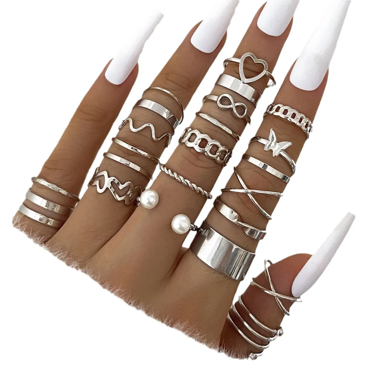 New Fashionable Butterfly Ring Opening Multi-Joint Ring Set 22 Piece Gold Silver Heart Pearl Alloy Stacked Ring For Women