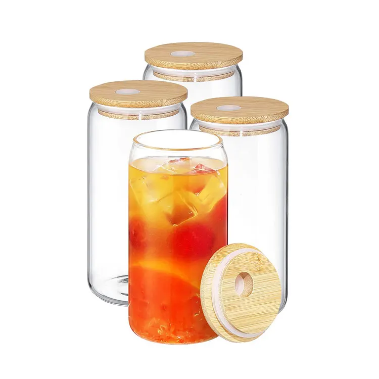 16oz 16 oz sublimation blank beer can shaped clear glass tumbler cup with bamboo lid and straw