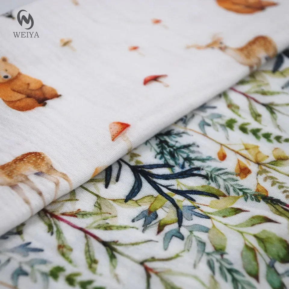 Japanese designs forest deer animal digital printing meter price crepe double gauze cotton pattern fabric