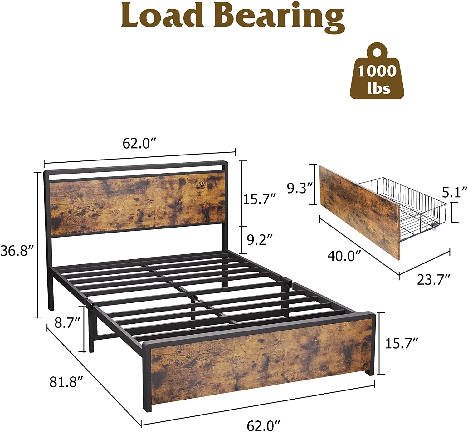 Farmhouse Hotel Double Queen Size Bed Frame with 4 Storage Drawer Wood and Metal Bed Frame