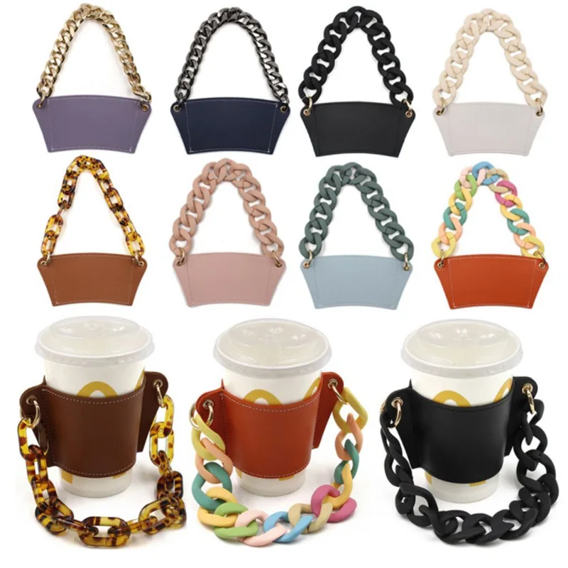 INS Style Fashion Eco Friendly Reusable PU Leather Coffee Cup Sleeve With Acrylic Chain