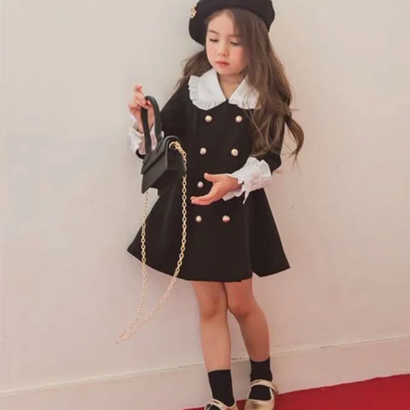 
Baby Girls Court Style Princess Dress Autumn Black Elegant Dresses 3-7Y Baby Girl Clothes 