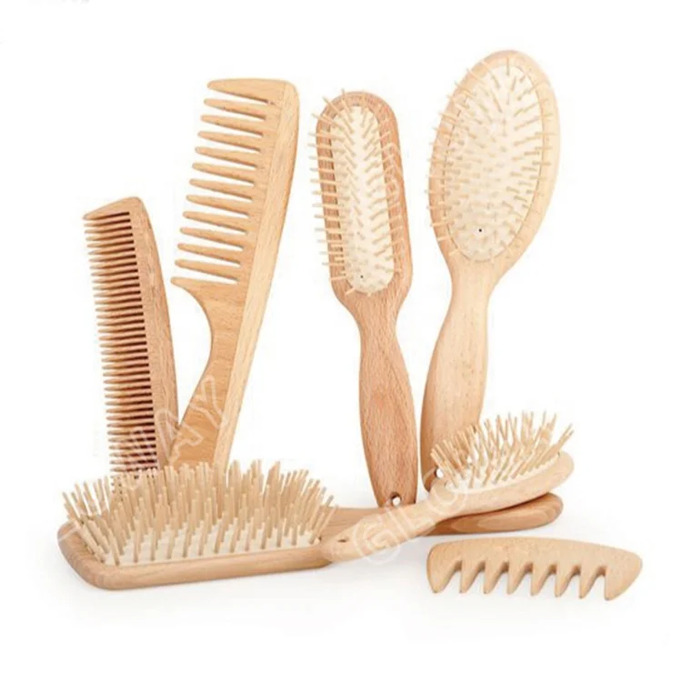 Personalized Private Label Detangling Cushion Paddle Round Comb All Purpose Hairbrush Kit Natural Wooden Hair Massage Brush Set