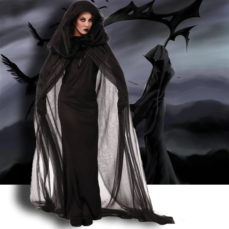 Horror Cosplay Witch Women Scary Zombie Vampire Halloween Carnival Costume Spooky Ghost Medieval Hooded Cape Day of The Dead