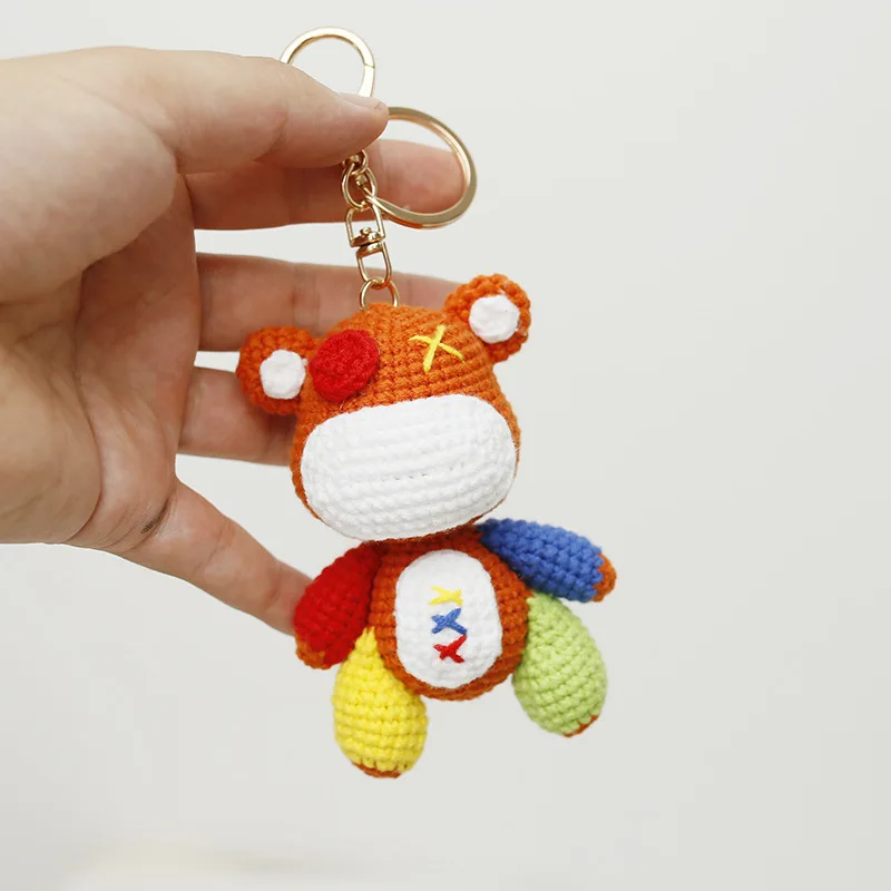 Knitted Animals Keychains Bear Stuffed Doll Car Hanging Pendant Stainless Steel Metal Anime Plush Keychains