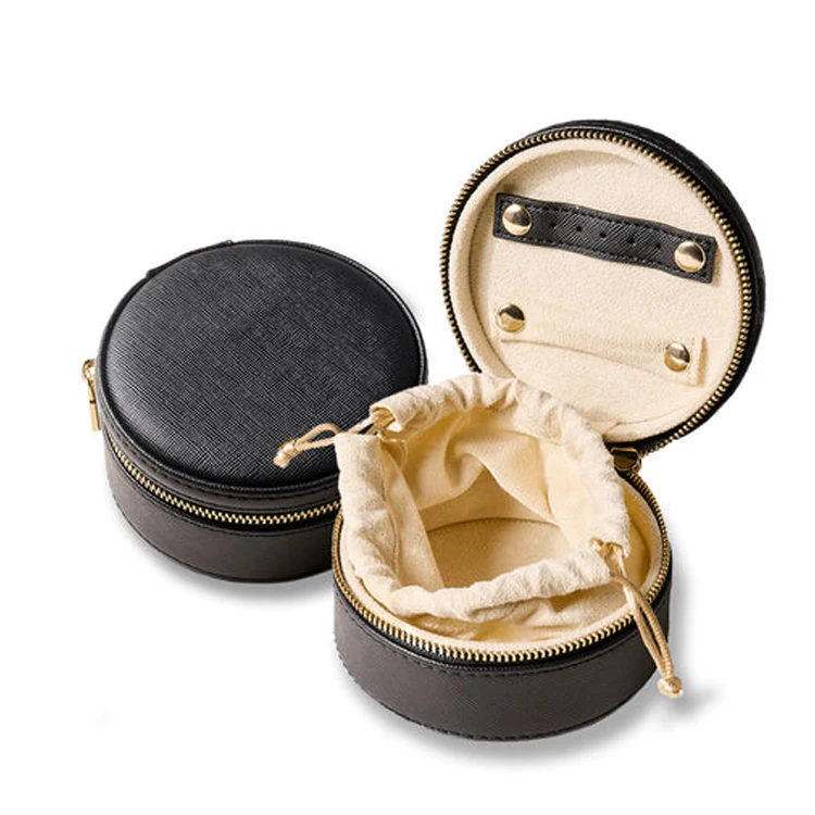 Women Storage Jewelry Box PU Round Travel Jewelry Case Small Leather Rings Studs Jewelry Case with Pouch inside
