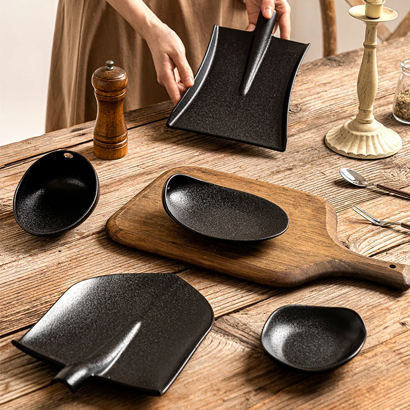 Nordic Irregular Black Clay Cast Iron Look Black Dinner Plate Dessert Serving Dish Restaurant Ceramic Unique Plates