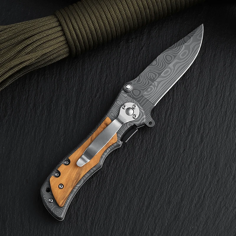 Hot Sale Custom Engraved Olive Wood Handle Outdoor Camping Hunting Custom Folding Pocket Knife