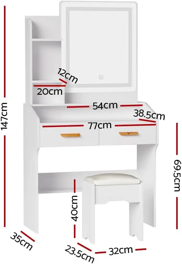 White Dressing Table LED Mirror Makeup Stool Set Wooden Vanity Desk Chair For Home Bedroom