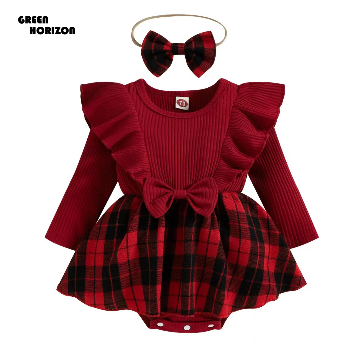 Green Horizon Christmas Baby Girl Red Knit Sweet Romper Plaid Skirt + Headband Sets For Babies