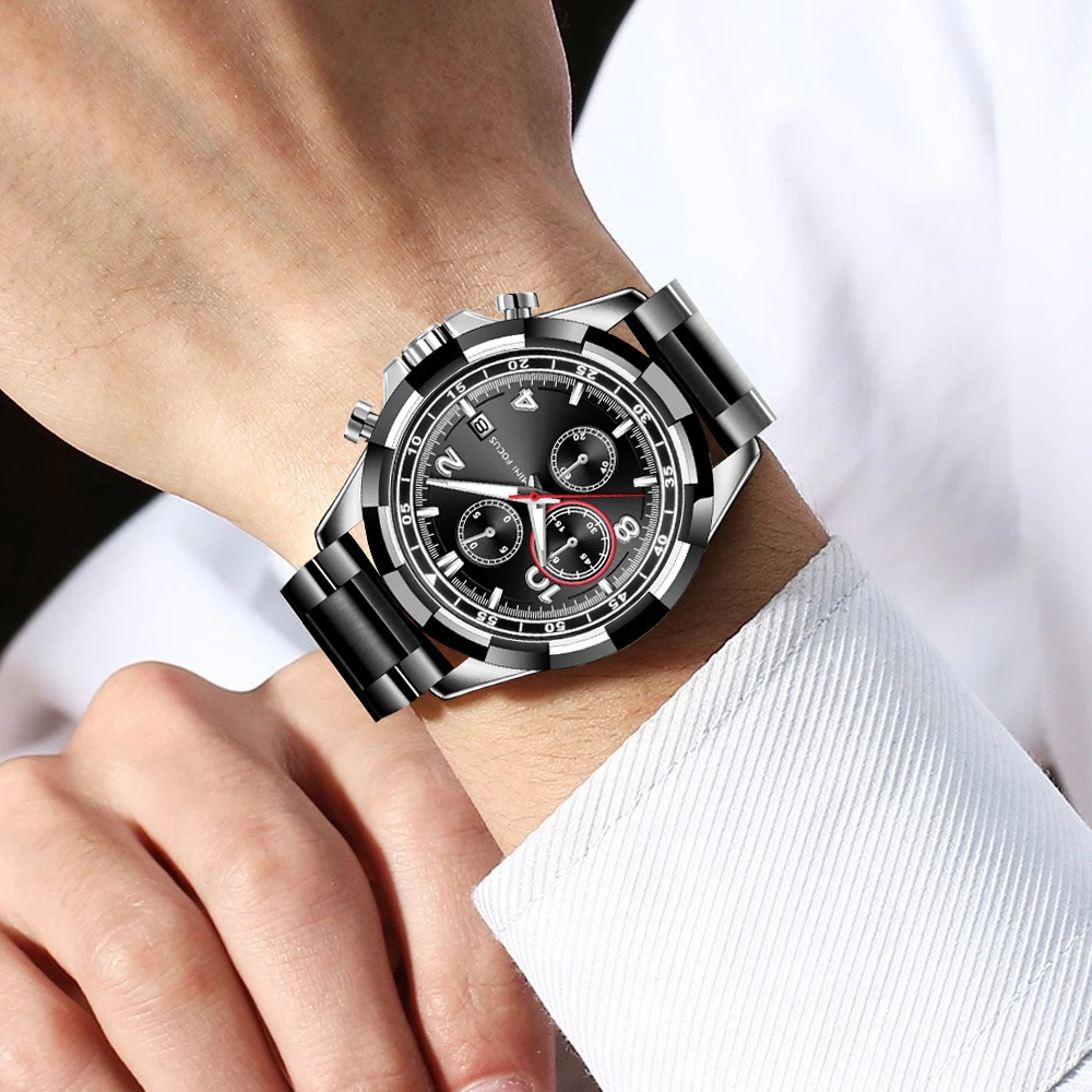 MINI FOCUS 0198   king Blue Man Quartz Watch Nice Steel Strap 3 Dials Chronograph Character Business Relogio Musculino