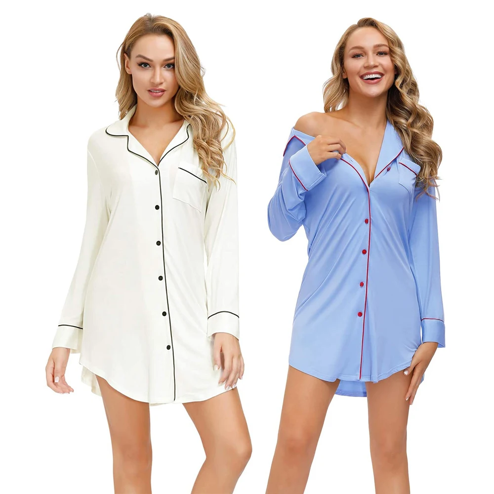 Custom Maternity Dresses Viscose from Bamboo Pajamas Nightgown Women Night Dress Long Sleeve Pocket Front Button Up Night Shirt