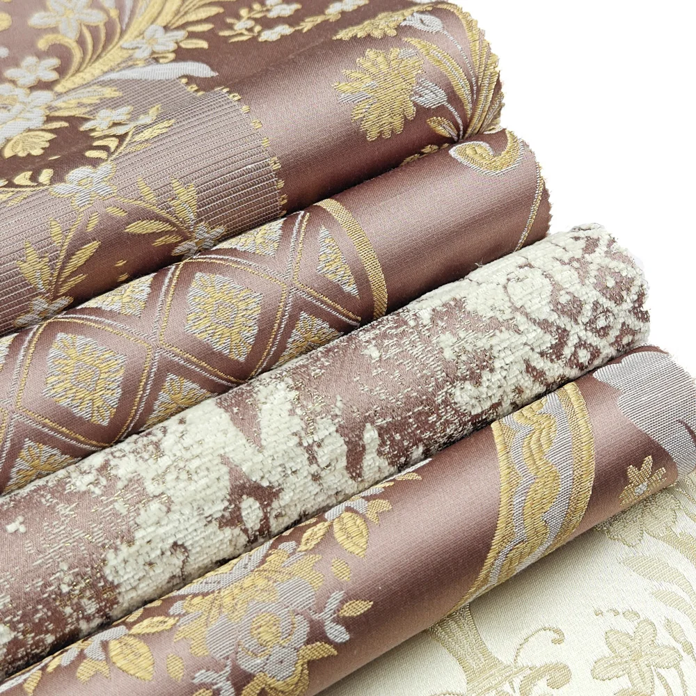 Bomar Home Deco Jacquard Curtain Fabric Gold Blue Damask Gele White Classic Material Woven Label Patch Plain Style Blackout Sofa