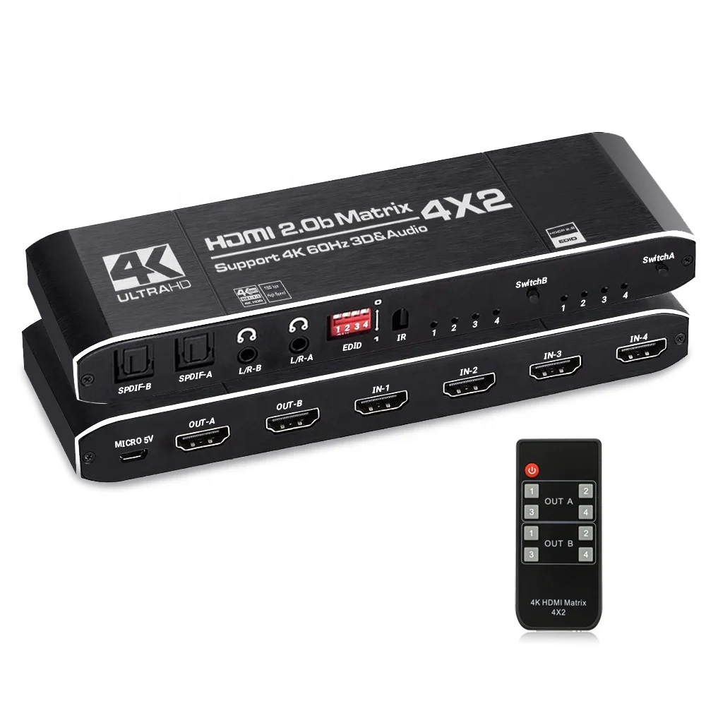 HDMI Switch 4K HDR 4x2 Best Video Matrix Switcher with Remote Control and Audio Extractor for Gaming Support MultiPort Input