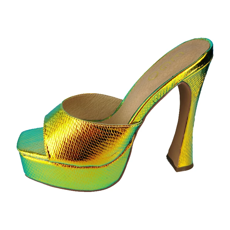 Platform flared block heel metallic green faux leather slipper sandals shoes