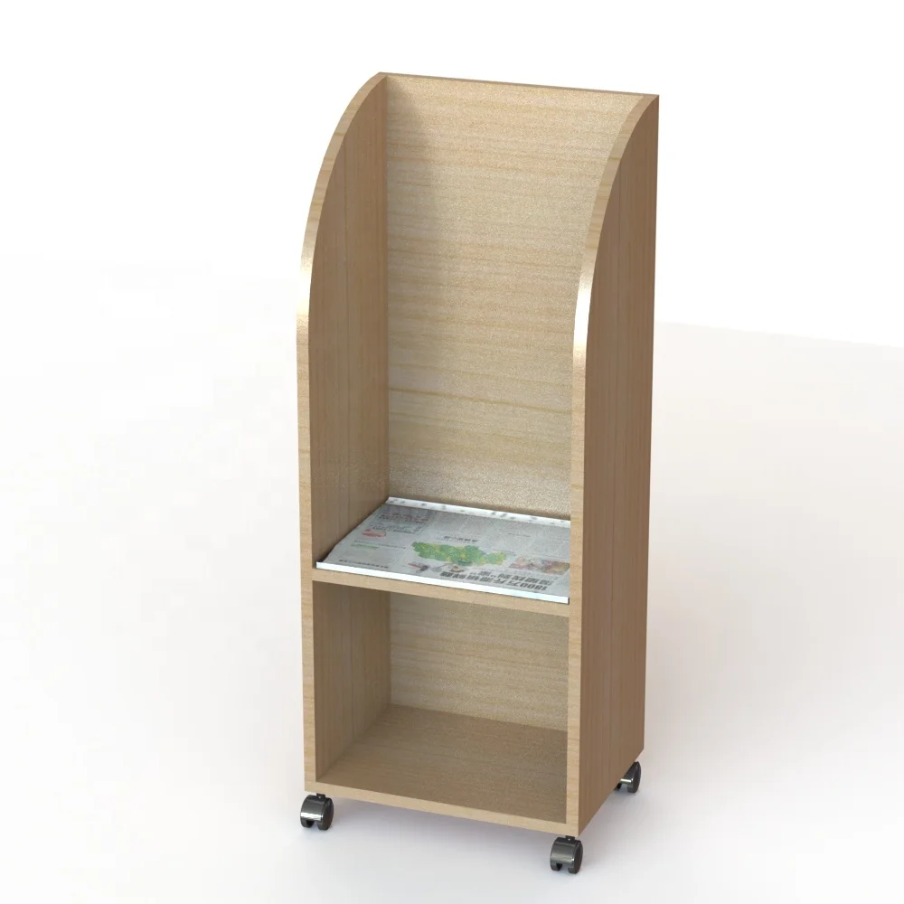 Wooden Maple Newspaper Display Racks 2 Shelves MDF Floor Literature Display Stand with caster
