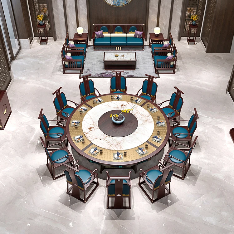 Luxury Classic Automatic Remote Control Rotating Dining Table Genuine Marble Rotator Pterocarpus Erinaceus Poir Solid Wood Top