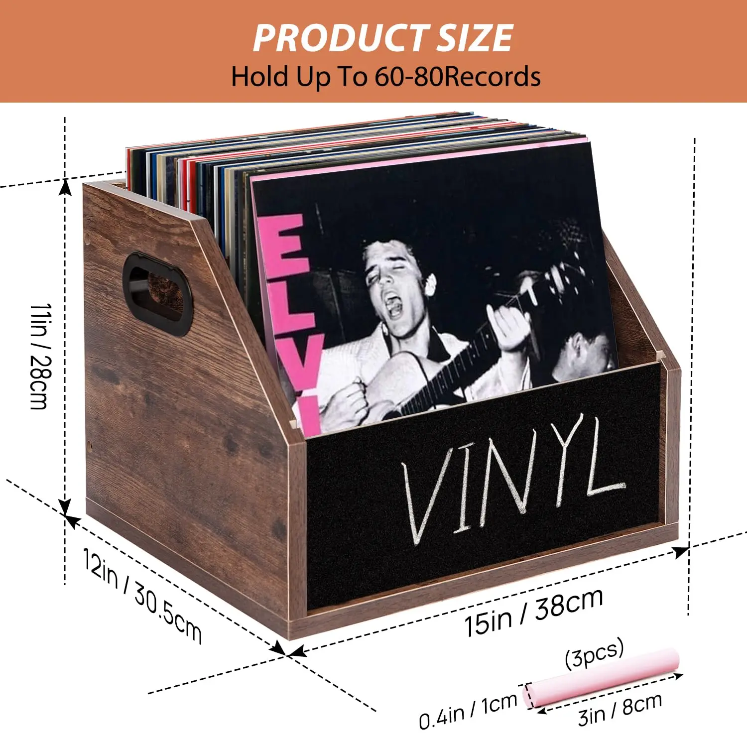 Album Storage Crate Wooden Record Holder  for Vinyl Records with Handles,Blackboard,Colored Chalk