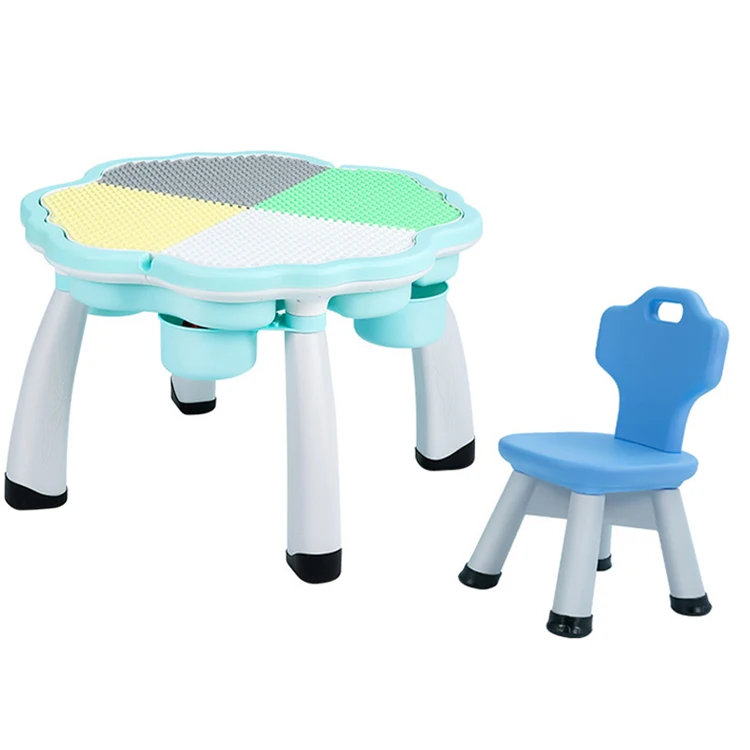 Eco-friendly Flower Shape Multifunction Plastic building blocks kids table with chair