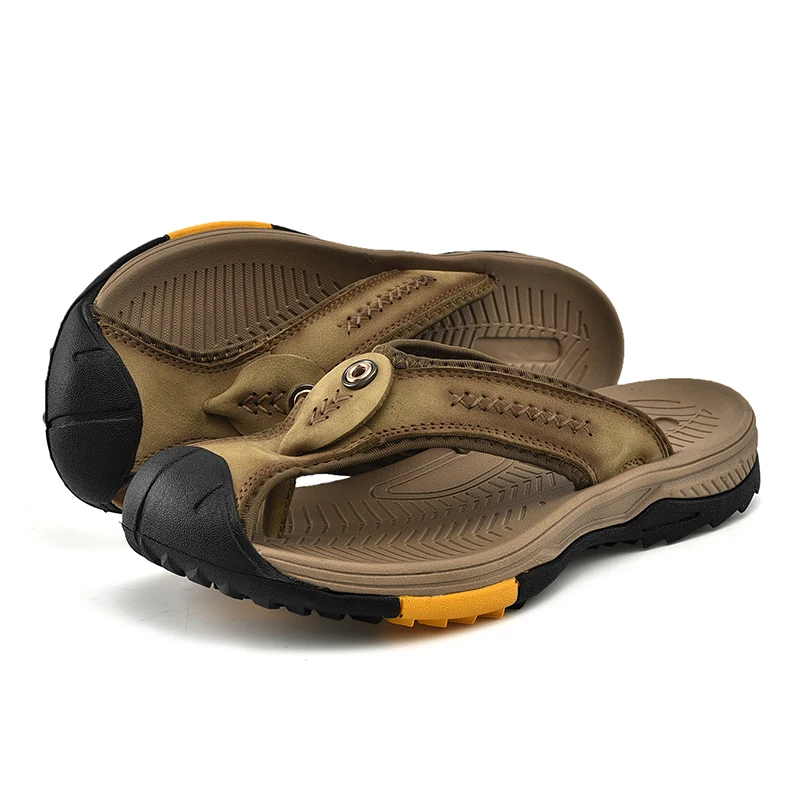 Custom Fashion Men Sandals Leather Slippers Genuine Cow Leather for Men Size 38-46 EVA Polybag Solid Summer Slippers 1 Pair