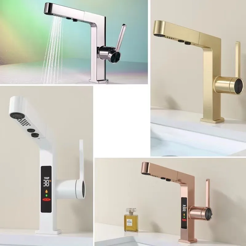 Temperature Digital Display Basin Faucet 2 Modes Pull out Hot Cold Sprayer Water Sink Mixer Wash Tap For Bathroom