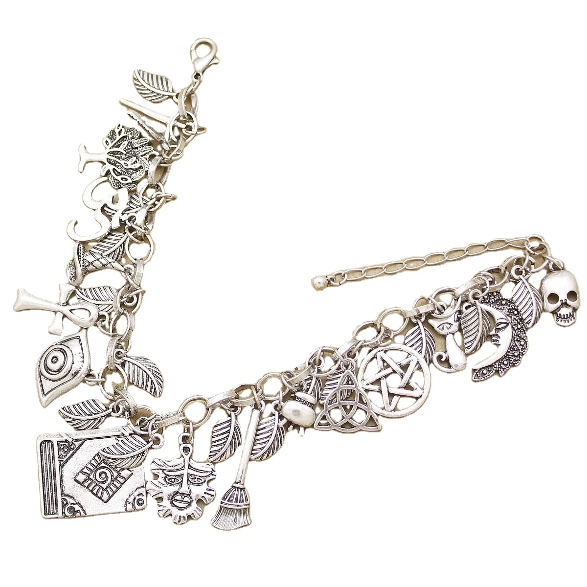 Vintage Multi Charms Cuff Bangle Bracelet Mythology Fairytale Lucky Cross Leaf Moon Face Celtic Cat Book