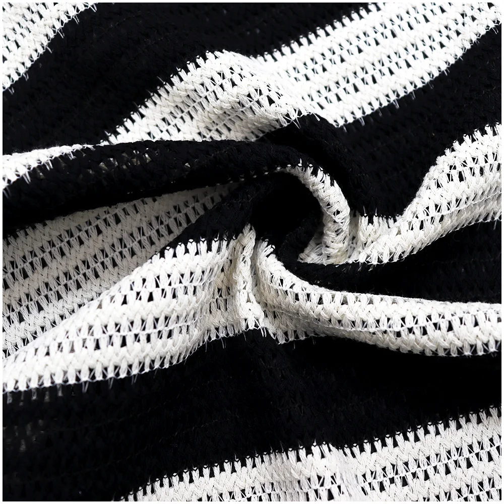 High Quality 75% Cotton 25% Polyester Lace Fabric Black and White Striped Knitted Material for Clothing