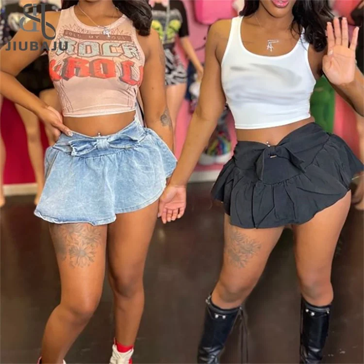 Sexy Camisole Two-piece Set Y2K Graphic Tank Tops+Denim Mini Skirt Streetwear For Women