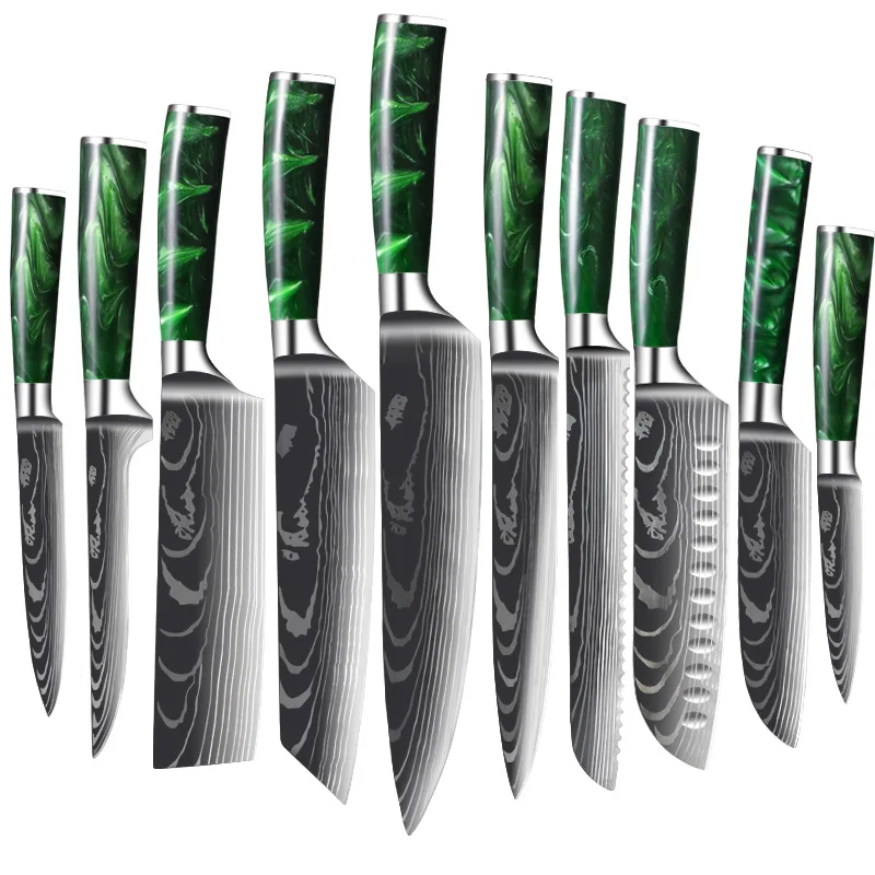 High quality  stainless steel  damascus laser patter kitchen throwing knife set  for kitchen with resin green  handle