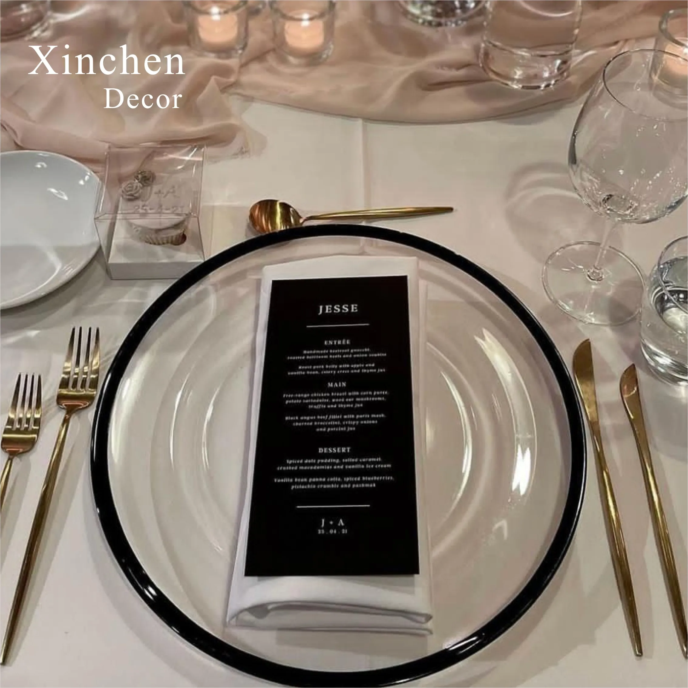 Wholesale  Black Rim Rounded Glass Charger Plates For Wedding Decoration