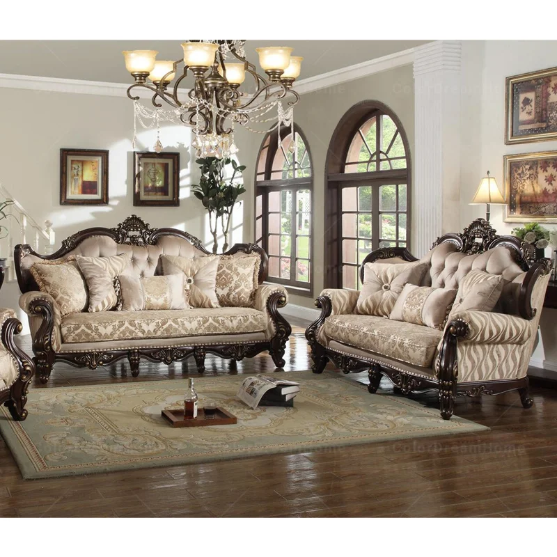 Victorian Solid Wood Structure Living Room Sofa Set Fabric Cover Sectional Sofa Set Wooden Carved Sofas