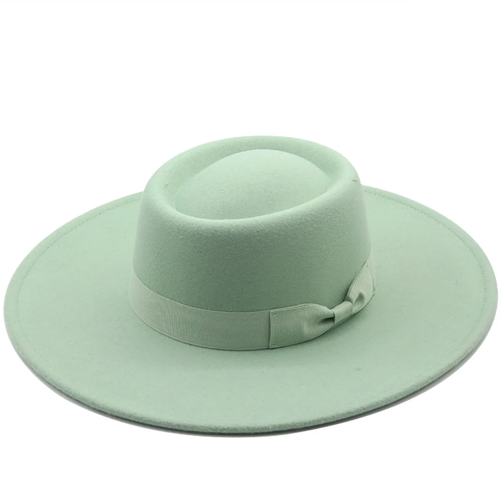FS Bowknot Ribbon Wool Felt Jazz Hat Women Men Big Wide Brim 9.5CM Flat Dome Hats Trilby Ladies Panama Fedora Cap Solid Color