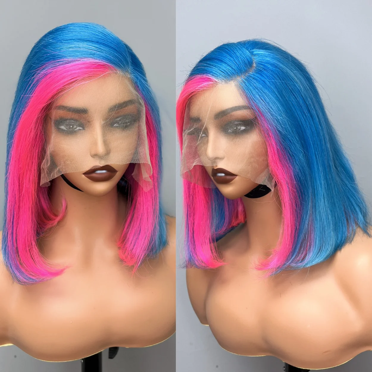 Cheap Wig Vendor Royce Hair Customized Wig Highlight Pink Color Mixed Blue Color Double Drawn Bob Wigs Human Hair Lace Front