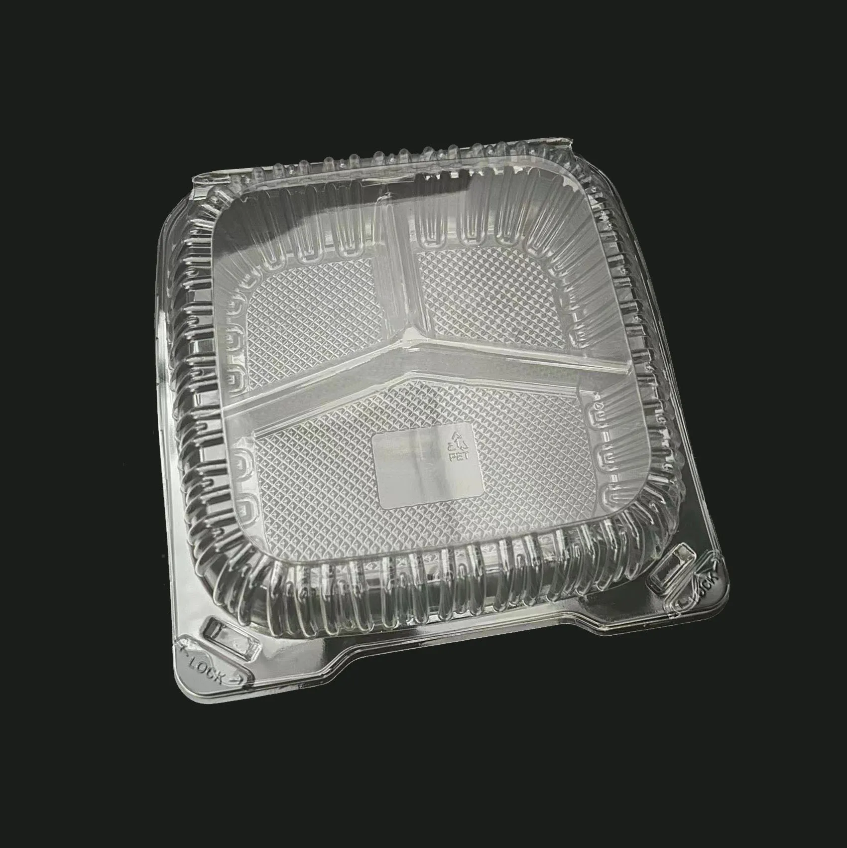 9 x 9 large clear 3 comp hinged container, clear three separate space container
