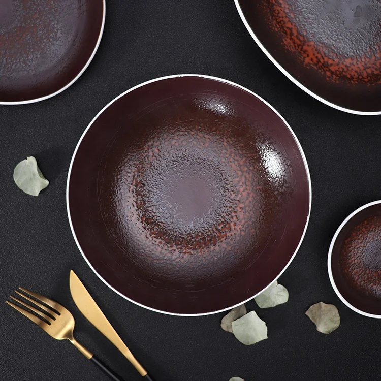 
custom logo metallic color glazed Industrial style restaurant ceramic porcelain soup salad plates western tableware wholesale 