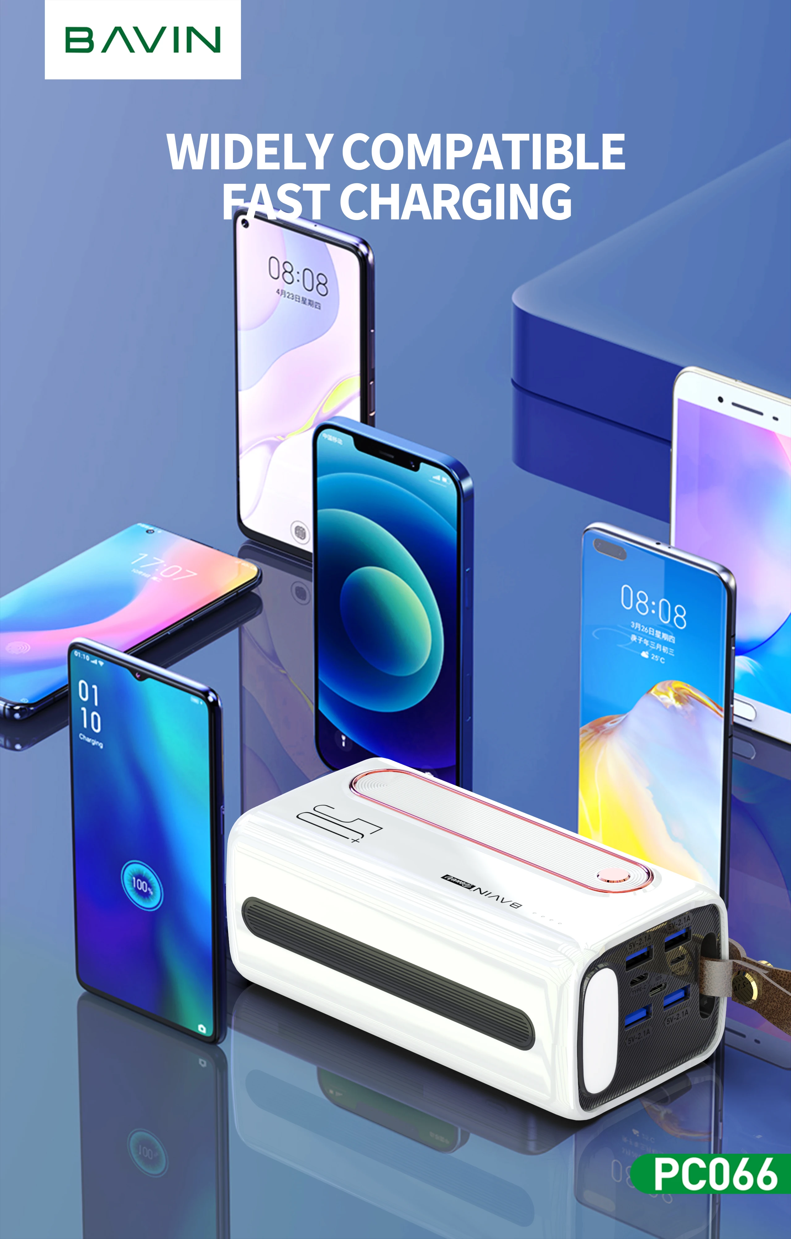 BAVIN PC066 50000mAh Fast Charging Type-C Micro IOS Input 4 Output LED Light Power Bank Large High Capacity 50000 mah Powerbank